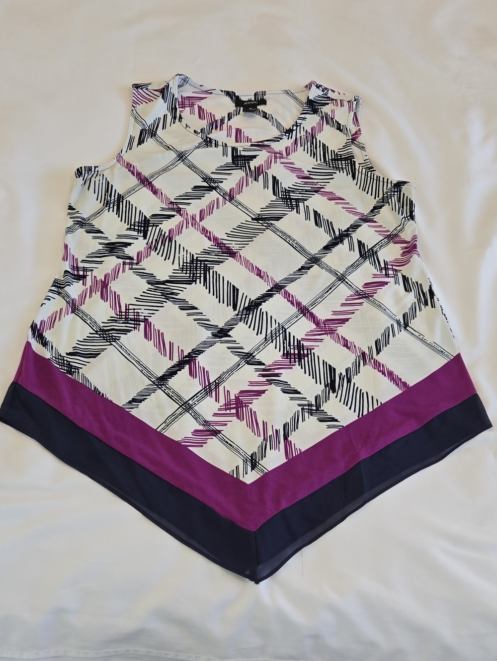 Alfani White Tank Top with Purple and Navy Handkerchief Hem